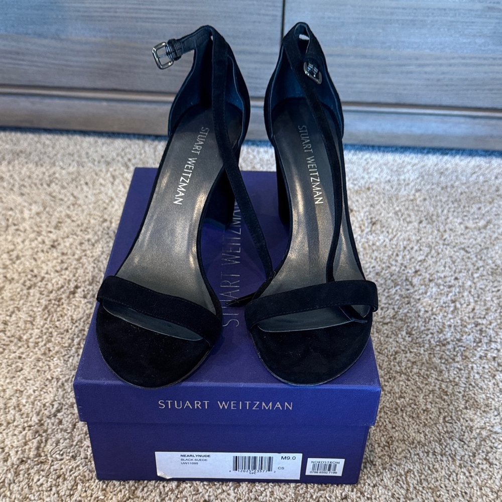 Stuart Weitzman Black Suede Open-Toe Ankle-Strap Heels size 9